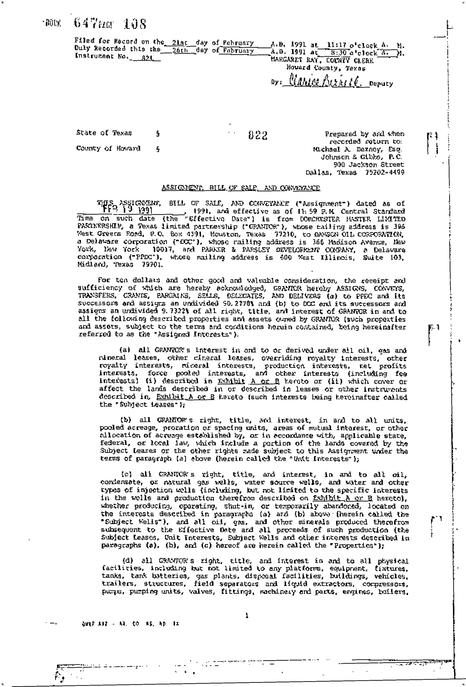 Damson Oil Corp - Recorded Dr Vol: 647 Pg: 108; Assignment (Doc #DOCC00000822-DR-647-108)